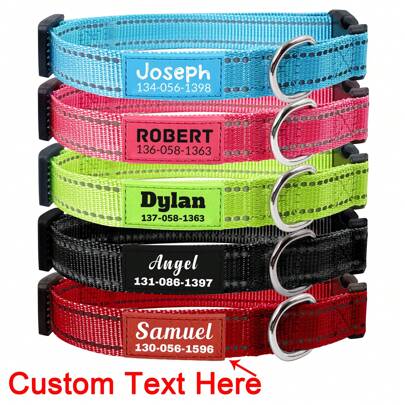 1Pc Personalised Dog Collars,Reflective Nylon Collar Customised With Name And Phone Number,4 Adjustable Sizes For Small Medium Large Dogs, Custom Pink