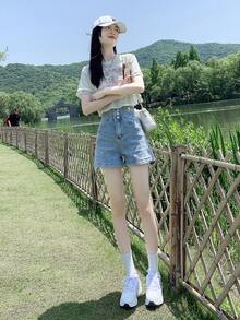 女式寬鬆A字彈力修身超短熱褲 - 藍色 - 查看 4