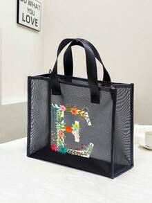 大容量时尚网眼手提包, 刻字装饰网眼包, 沙滩包, 沙滩包, 适合海滩度假收纳购物, 刻字花卉图案自然元素老师答谢礼物, 女士大容量手提包, 暑假包, 旅行必备, 字母印花时尚教师手提包, 学校礼物, 婚礼节日礼品袋, 派对包礼品袋, - 黑色 - 查看 15