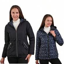 Chamarra Chaqueta Para Mujer Dama Doble Vista Reversible Capitonada Térmica con Capucha Diseño Liso y Estampado Floreado Cremallera y Cordon Ajustable Colores Sutiles a la Moda M630 - Negro - Ver 1