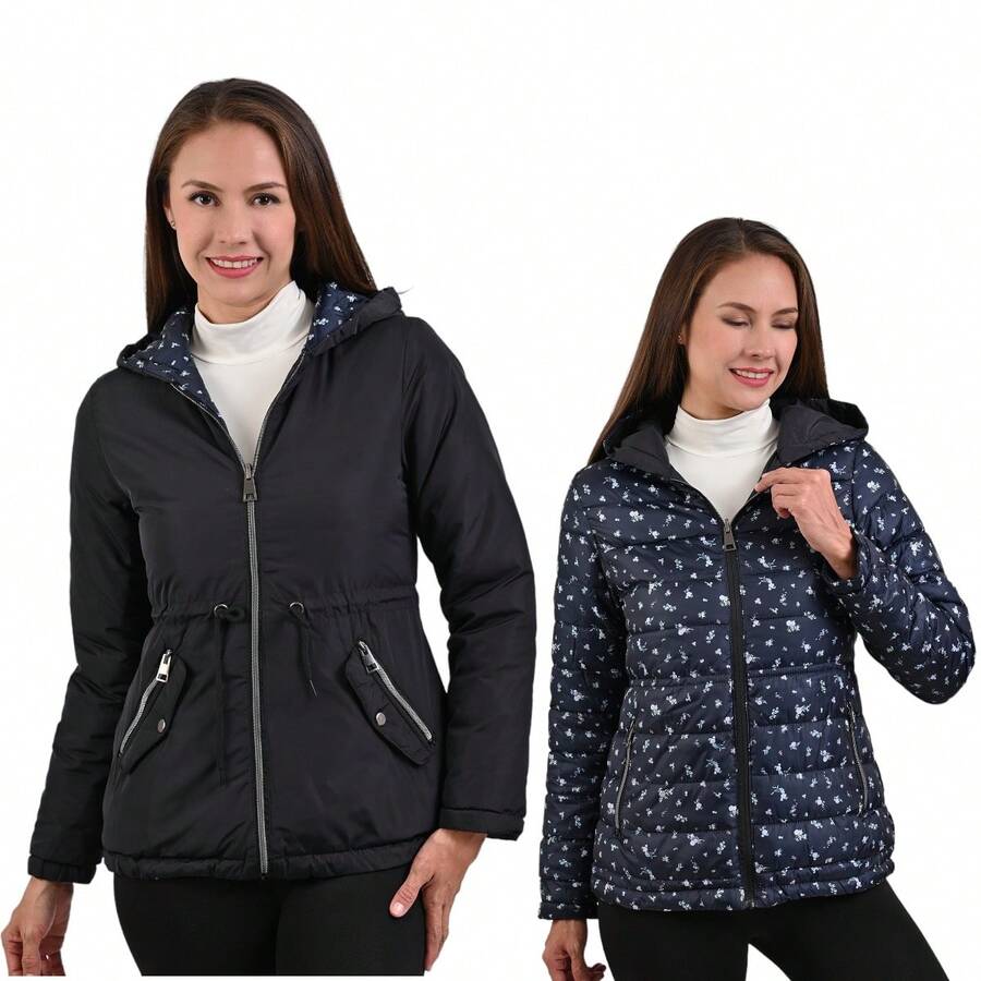 Chamarra Chaqueta Para Mujer Dama Doble Vista Reversible Capitonada Térmica con Capucha Diseño Liso y Estampado Floreado Cremallera y Cordon Ajustable Colores Sutiles a la Moda M630 - Negro - Ver 1