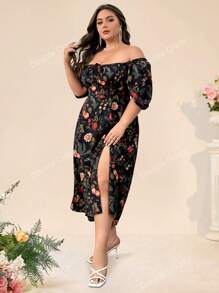Double Crazy Off Shoulder A-Line High Slit Sexy Printed Dress