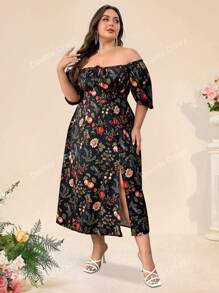 Double Crazy Off Shoulder A-Line High Slit Sexy Printed Dress