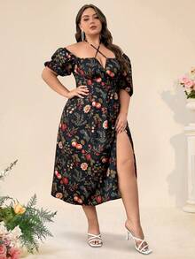 Double Crazy Off Shoulder A-Line High Slit Sexy Printed Dress - Red - View 6