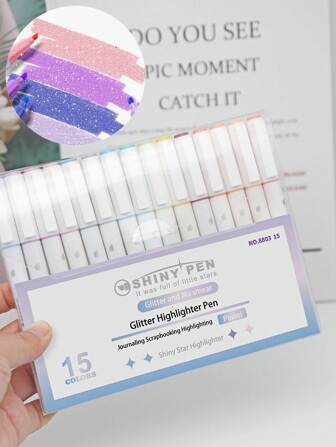 15pcs/Box Sparkle Glitter Highlighters Art Shimmer Marker Pens For Journaling, Painting, Scrapbooking & School Supplies Back To School