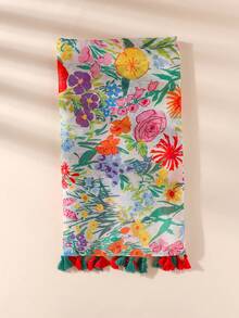 1pc Elegant Floral Print Tassel Decorated Wrap Scarf For Women, Sunscreen Beach Shawl Cardigan - Multicolor - View 4