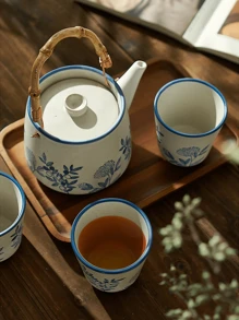 Juego de té de 5 piezas - Tetera estilo japonés pintada a mano, hervidor de agua frío, tetera con colores vivos para infusión, tazas de té de cerámica vintage rústica, set de té para regresar a la escuela