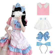 Disfraz Cosplay Anime Traje Maid Lolita Disfraz Mujer 5pcs Vestido Lolita Rosa Y Azul Súper Lindo - Rosa - Ver 1