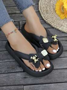 Summer Beach Vacation Thick Sole Non-Slip Plastic Slippers, Minimalist Casual Thong Sandals For Ladies, Random Butterfly Print DIY Bow Slides - 黑色 - 查看 1