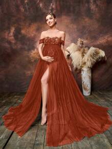 Faeriesty Dressalisa Maternity Square Neck Mesh Overlay Lace Photography Dress - Redwood - View 4