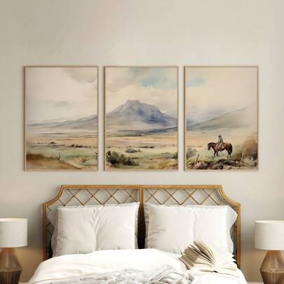 Set Of 3 Western Cowboy Wall Art Vintage Canvas Prints Paintings Rustic Southwest Poster Desert Landscape Decor For Bedroom, Living Room, Or Office Farmhouse Unframed