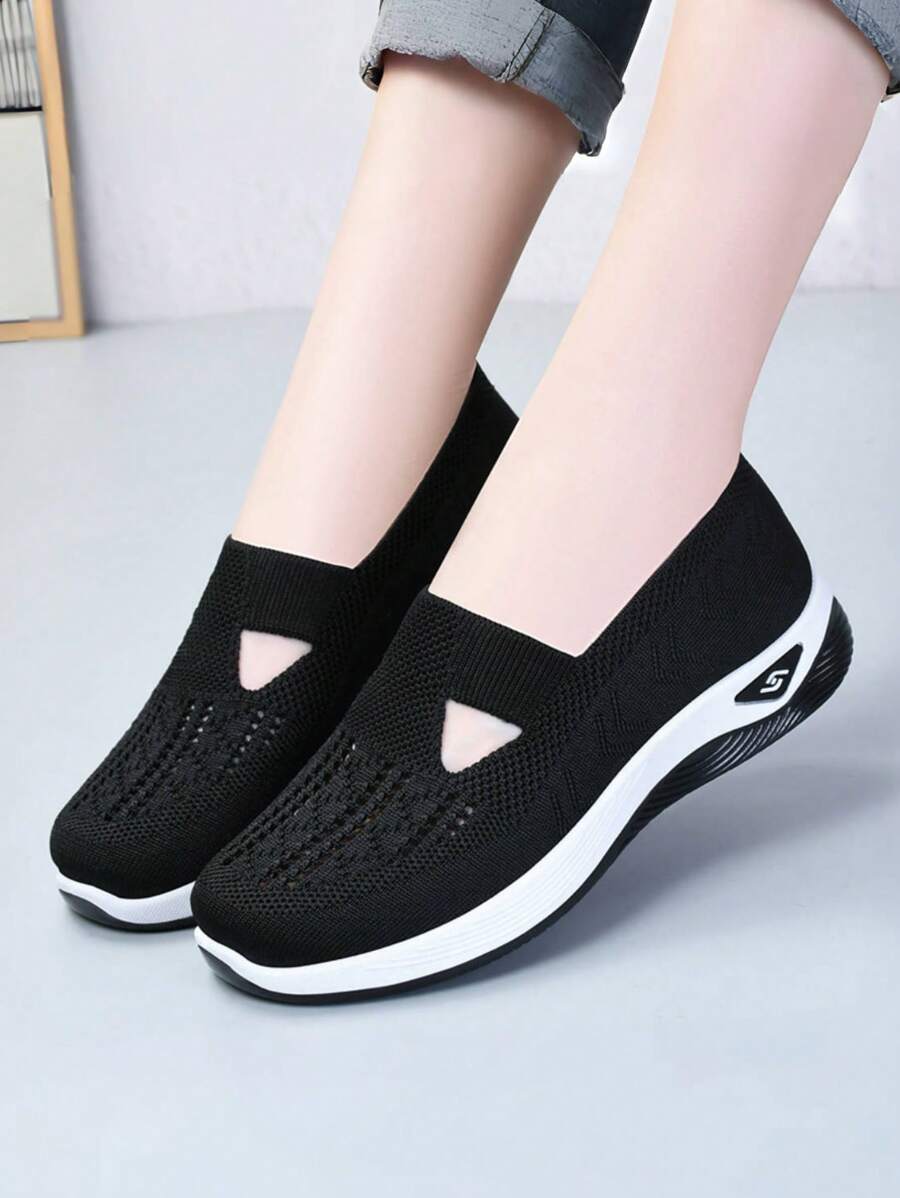 女士花卉刺绣运动鞋，轻便软底针织网眼运动鞋，透气低帮步行鞋