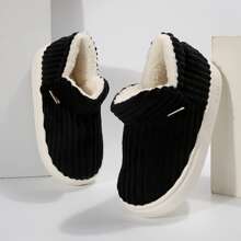 Women's Striped Couple Cotton Shoes Simple Cute Bag Heel Non-Slip Padded Warm Slippers - màu đen - Xem 7