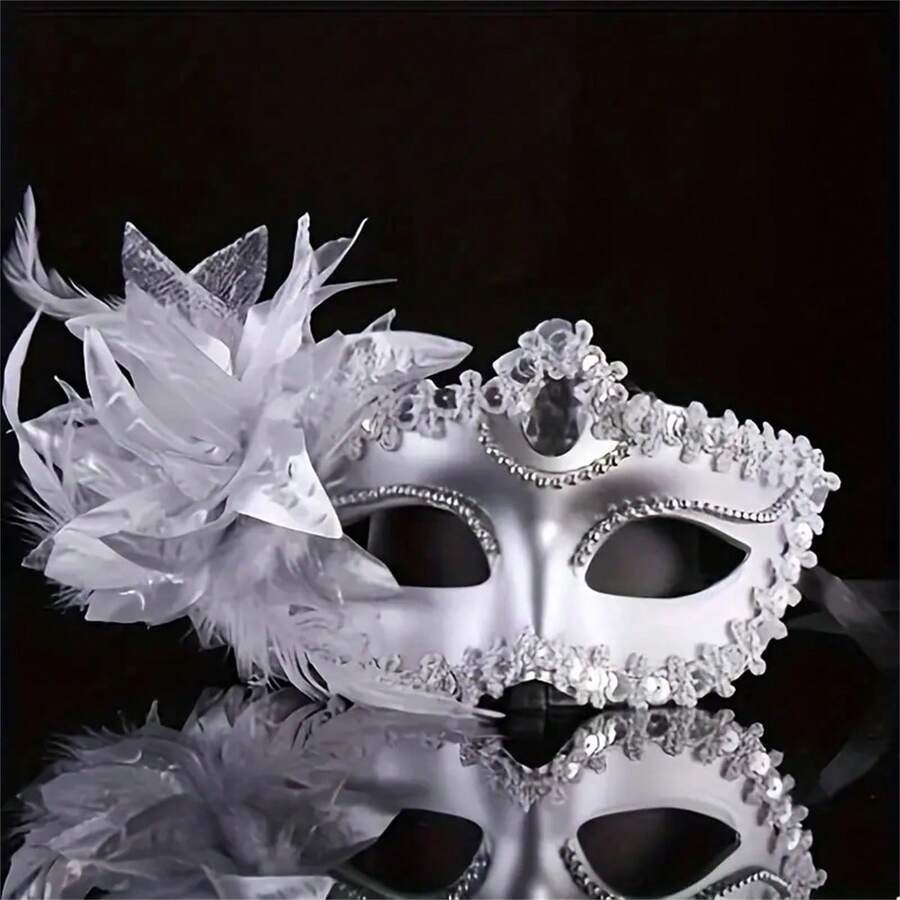 1pc Elegant Silver Masquerade Mask, Half Face Mask With Faux