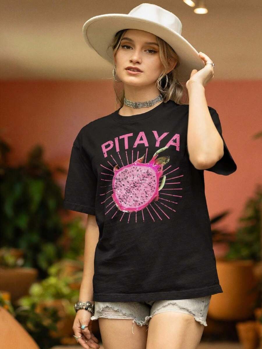Women's Blouse 100% Cotton PITAYA T-Shirt - 黑色 - 查看 1
