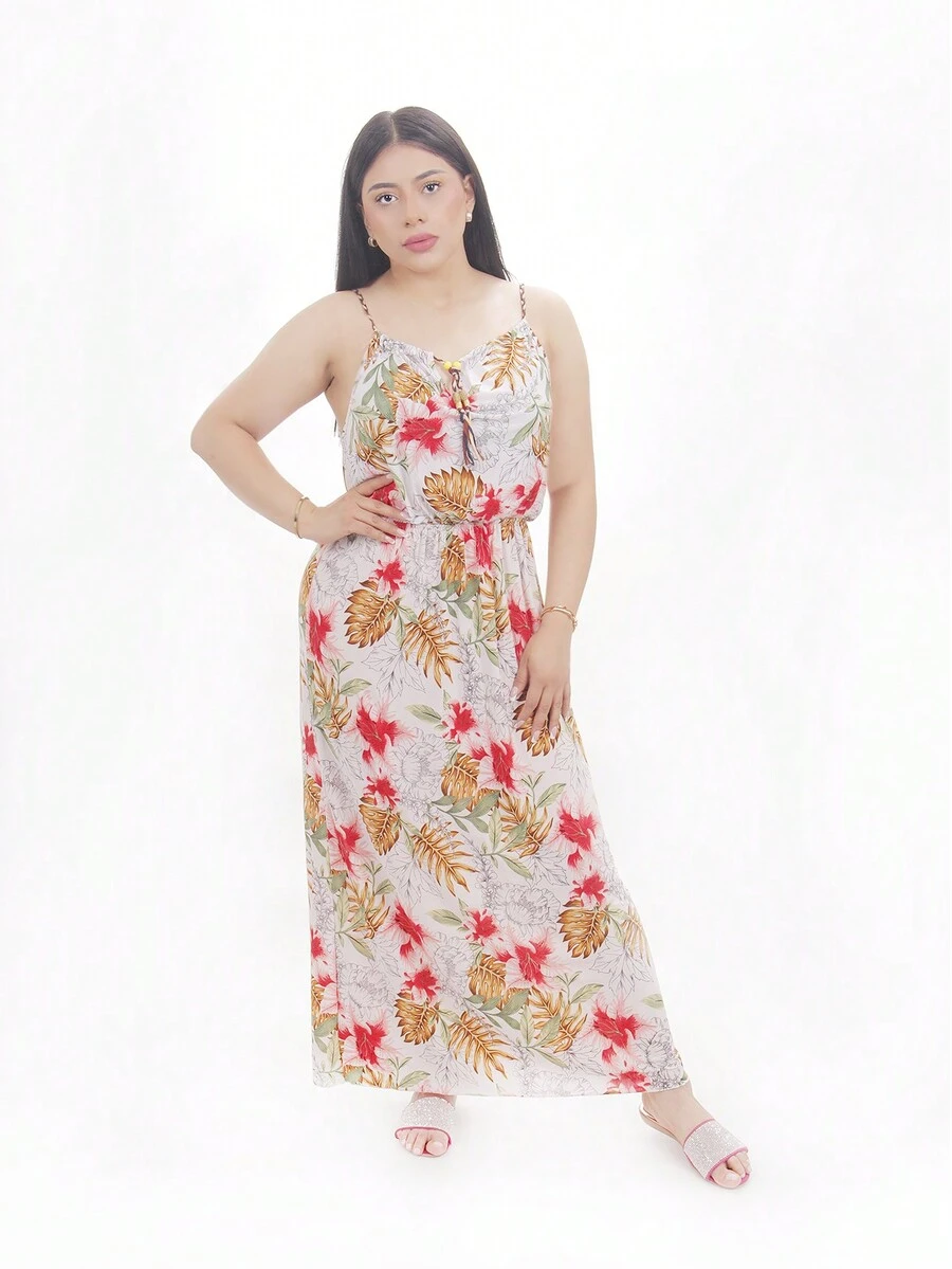 Vestido Largo Casual y Fresco con Estampado Floral, Abertura en el Pecho y Tirantes para Dama - Blanco - Ver 1