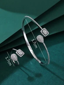 Set de pulsera y anillo de plata con incrustación de diamantes, diseño asimétrico, Set de pulsera y anillo personalizado, regalo para mujer - Plateado - Ver 3