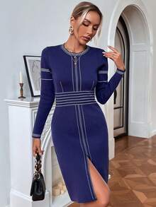 圆领前开衩毛衣裙 (图案随机) - 藍色 - 查看 7