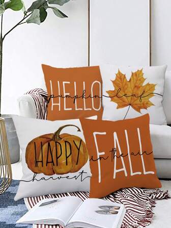 4pcs/1pc Autumn Harvest Season Plaid Pumpkin Truck Gnome Print Throw Pillow Case, Thanksgiving Decor Sofa Cushion Pillow Cover