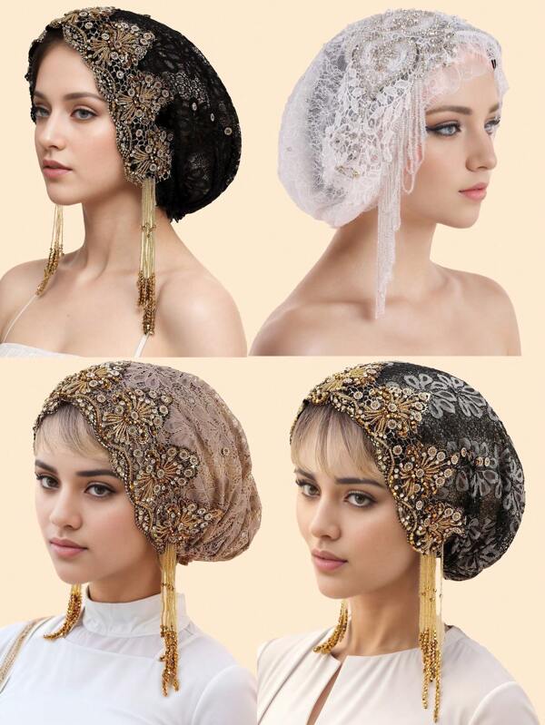 1pc Elegant Lace Beaded Muslim Head Wrap, Versatile For Daily Wear, Party & Gathering