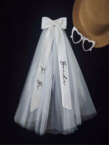 1 Stück Hochzeitsdekoration "Just Married" weiß bedruckter Buchstaben-Schleifen-Schleier, Braut-Geschenk, Junggesellinnenabschied, Bridal-Shower - Weiss - Übersicht 6