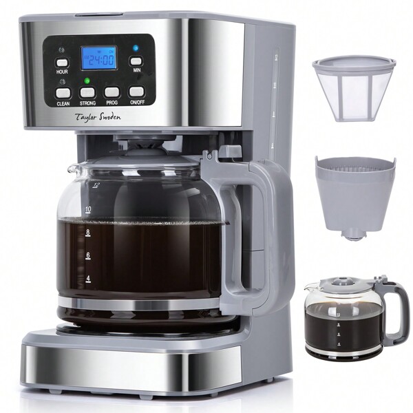 950W Kaffeemaschine mit Timer,1.5L Filterkaffeemaschine 12 Tassen, Abschaltautomatik, Tropf-Stopp, Wiederverwendbarem Filter und Heizplatte, Grau - Pewter