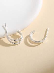 S925 纯银 C 形镂空中心和实心边缘耳钉，适合女士日常佩戴 - 銀色 - 查看 8