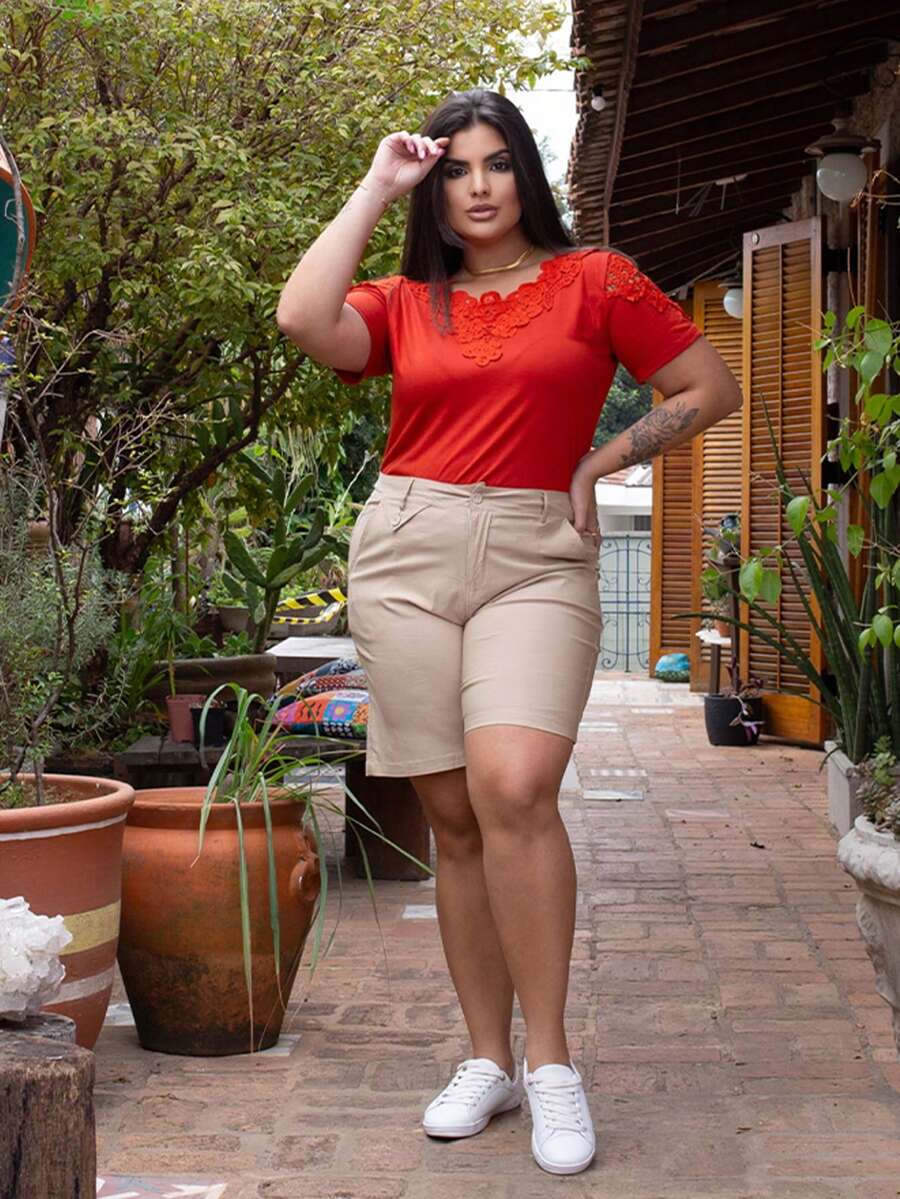 Imported Large Size For Women, With Mesh Print On Front And Shoulder Print, Small Round Neck, Model Number Is LY679A - 紅色 - 查看 1