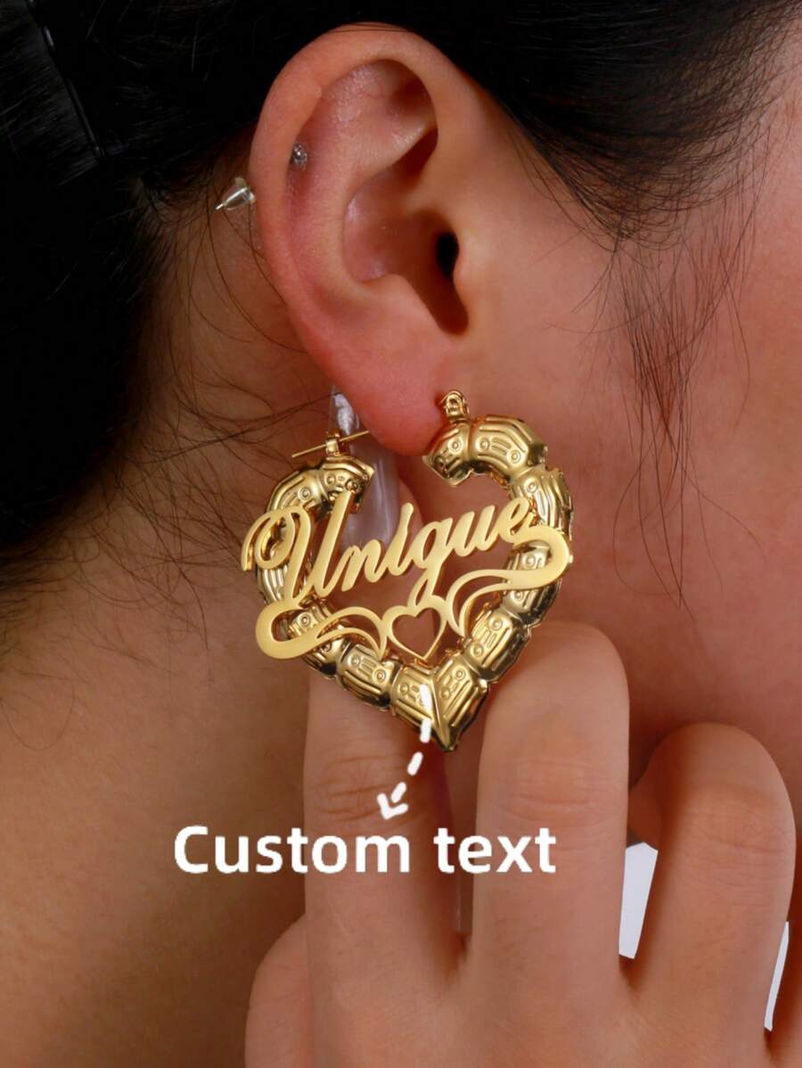 50mm Customized Name Bamboo Hoop Earrings, Personalized Jewelry Name Earrings, Heart-Shaped Birthday Gift For Women - Gold - View 1
