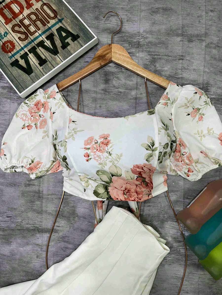 Printed Top With Ties At The Back With Cropped Cups - White - View 1