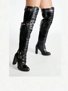 Buckle Strap Wide Calf Thigh High Boots For Women Chunky Block High Heel Over The Knee Boots Lace Up Riding Combat Boots Ladies Side Zipper Tall Long Boots - màu đen - Xem 2