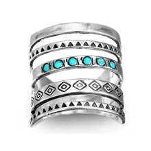 Boho-Chic Vintage Silver Plated Turquoise Inlay Wide Band Ring, Multi-Layer Hollow Design, Elegant Accessory For Daily Wear