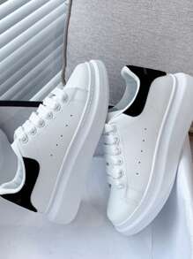 Tenis Basicos Blancos Lisos  Zapatos Casuales para Dama con Plataforma Altos - Negro - Ver 1