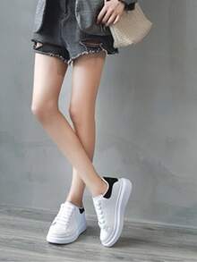 Tenis Basicos Blancos Lisos  Zapatos Casuales para Dama con Plataforma Altos - Negro - Ver 2