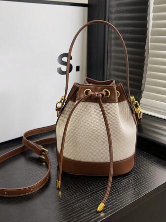 Women Bucket Bag Casual Straw Shoulder Crossbody Drawstring Handbag