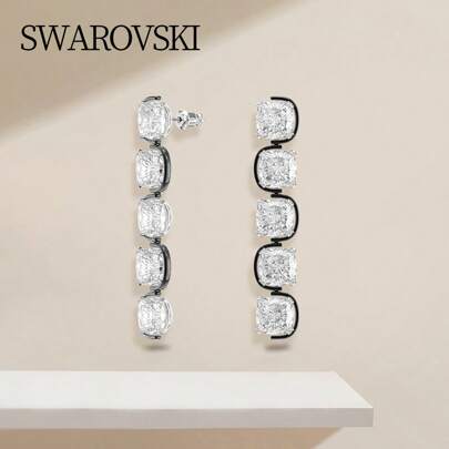 Swarovski Pendientes de botón para mujer HARMONIA - Cristal blanco de corte cojín en flotación, acabado en metal mixto 5600043, joyería elegante, regalo para ocasiones festivas