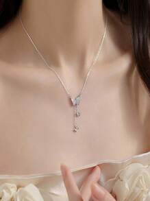 1pc Fashionable Silver Butterfly Tassel Necklace, Delicate Clavicle Chain, Pendant For Women's Daily Wear