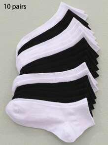 10 双女士多色透气休闲时尚纯色短袜，适合所有季节 - 黑與白 - 查看 1
