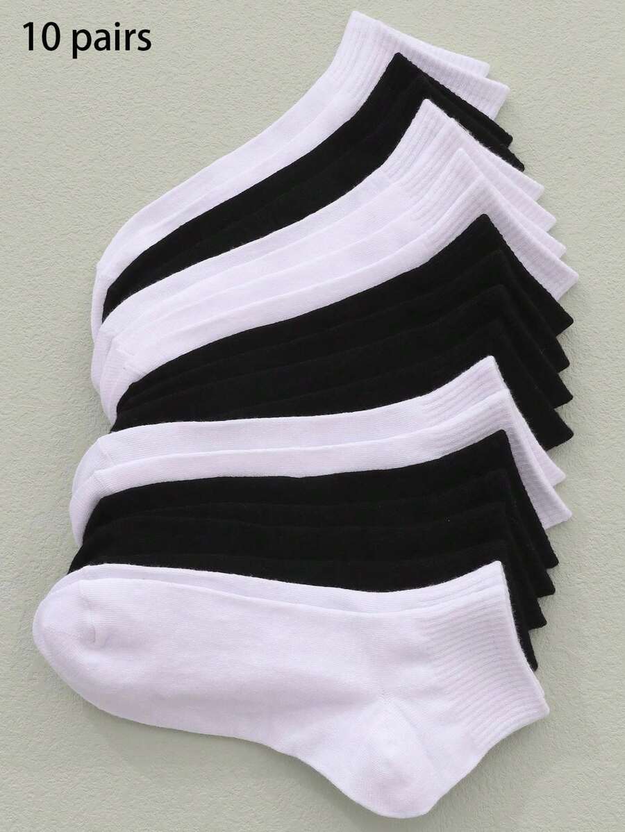 10 双女士多色透气休闲时尚纯色短袜，适合所有季节 - 黑與白 - 查看 1