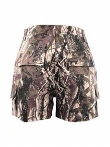 Camouflage Print Patchwork Pocket Casual Cargo Shorts Summer Lightweight Short Pants Street Music Festival Rock - 咖啡棕 - 查看 4