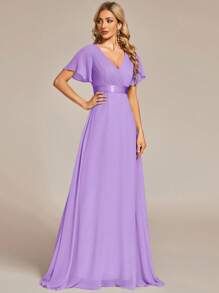 Elegant V-Neck Ruffle Butterfly Sleeve Purple Bridesmaid Dress, Wedding Guest Dress, Spring Semi-Formal Dress For Wedding, Birthday Party, Graduation, Valentine's Day - Lilac Purple - View 6