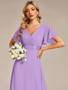Elegant V-Neck Ruffle Butterfly Sleeve Purple Bridesmaid Dress, Wedding Guest Dress, Spring Semi-Formal Dress For Wedding, Birthday Party, Graduation, Valentine's Day - Lilac Purple - View 5