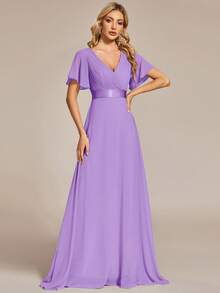 Elegant V-Neck Ruffle Butterfly Sleeve Purple Bridesmaid Dress, Wedding Guest Dress, Spring Semi-Formal Dress For Wedding, Birthday Party, Graduation, Valentine's Day - Lilac Purple - View 3
