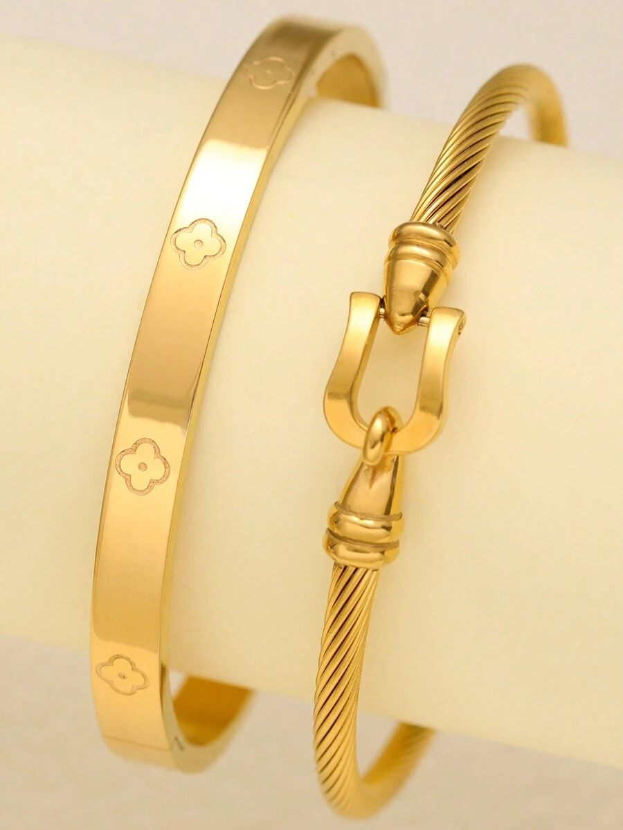 2pcs Stainless Steel Bracelet, Fashionable Minimalist Style For Women