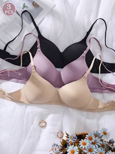 3PCS Lady's Comfortable Sleep Multicolour Wireless Soft Cup For Small Chest Solid Underwear Bra