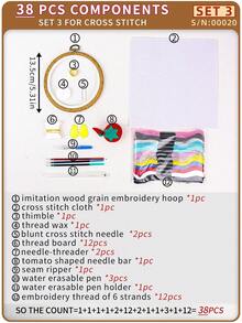 38 件套手工 DIY 十字绣工具套装，包括：1 个复古圆形绣花箍、12 种颜色的线、12 个线轴、2 根绣花针、1 块十字绣布、3 支水溶性笔、1 个笔筒、2 个穿线器、1 个拆线器、1 个穿针器、1 个线蜡、1 个针垫、家庭刺绣必备配件 - 彩色 - 查看 5