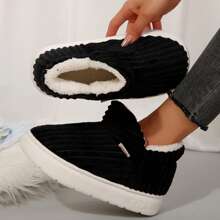 Women's Striped Couple Cotton Shoes Simple Cute Bag Heel Non-Slip Padded Warm Slippers - màu đen - Xem 9