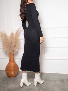 Long Knit Modal Ribbed Winter Sweater Dress - màu đen - Xem 2
