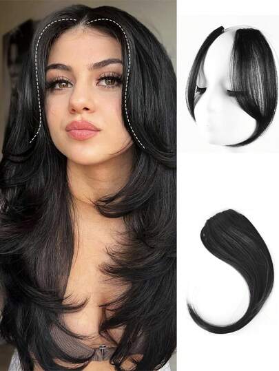 2 piezas de flecos sintéticos resistentes al calor, flecos laterales, flecos con clip, flecos ondulados con raya al medio, flecos naturales y sutiles, flecos invisibles y sin costuras, suaves flecos para mujeres