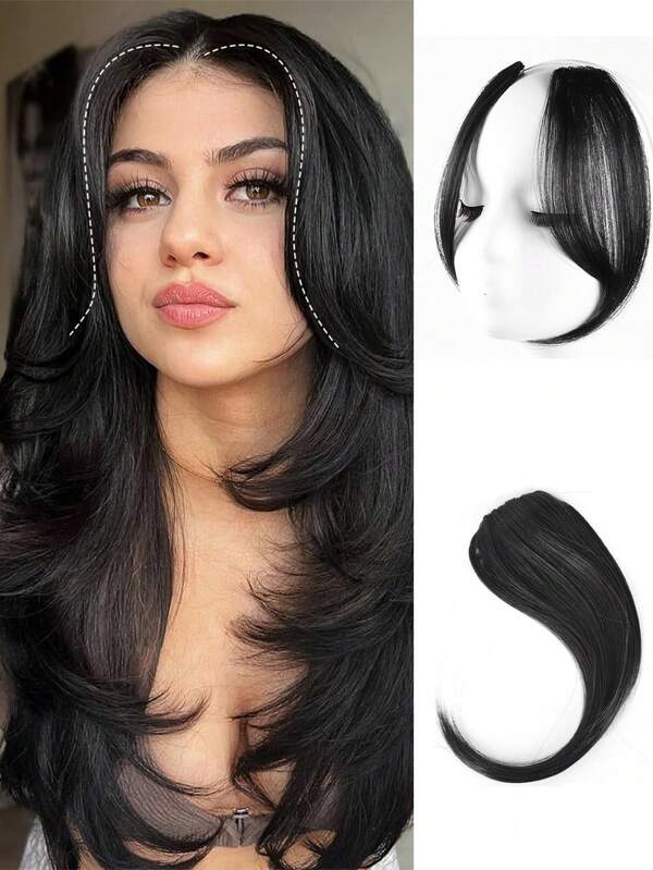 2Pcs Side Bangs Clip In Bangs Hair Extension Heat Resistant Synthetic Fiber French Bangs Wave Middle Part Fringe Swept Natural Look Hair Piece Invisible Seamless Skin Weft Soft Hair Curtain Bangs For Women